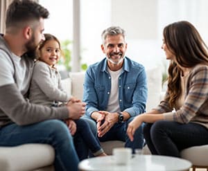 Familie bei Familienmediation Gespräch zur Lösung familiärer Streitigkeiten mit professionellem Mediator