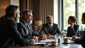 Machtdynamiken Mediation Gespräch zwischen Mediator und Konfliktparteien am runden Tisch