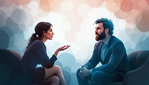 Zwei Personen in einem Gespräch zeigen die Psychologie hinter Konflikten und deren Entstehung im zwischenmenschlichen Bereich