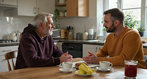 Mediation im Alltag zwischen zwei Personen am Küchentisch