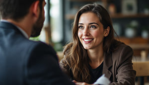 Person beim aktiv zuhören in einem Gespräch mit aufmerksamem Blickkontakt