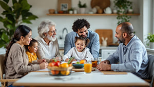 Familie mit drei Generationen im Mehrgenerationenhaushalt am Küchentisch