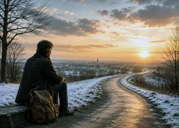 Nachdenklicher Mensch am winterlichen Weg – Symbol für ungelöste Konflikte, Reflexion und einen bewussten Neuanfang