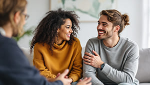 Paar in verschiedenen Beziehungsphasen während einer Mediation