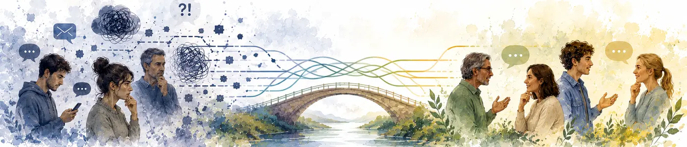 Menschen überwinden Kommunikationsbarrieren – eine Brücke verbindet Missverständnisse mit offenem Dialog