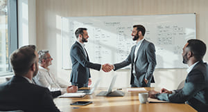 Erfolgreiche Mediation im Projektmanagement mit Handshake nach gelöster Meinungsverschiedenheit