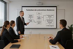 Mediator erklärt präventive Mediation Techniken in einem Workshop