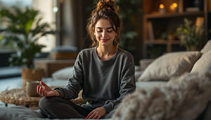 Person praktiziert Meditation zum Thema Glücklichsein kann man lernen in ruhiger Umgebung