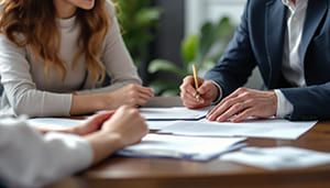 Paar bei Scheidungsmediation mit neutralem Mediator