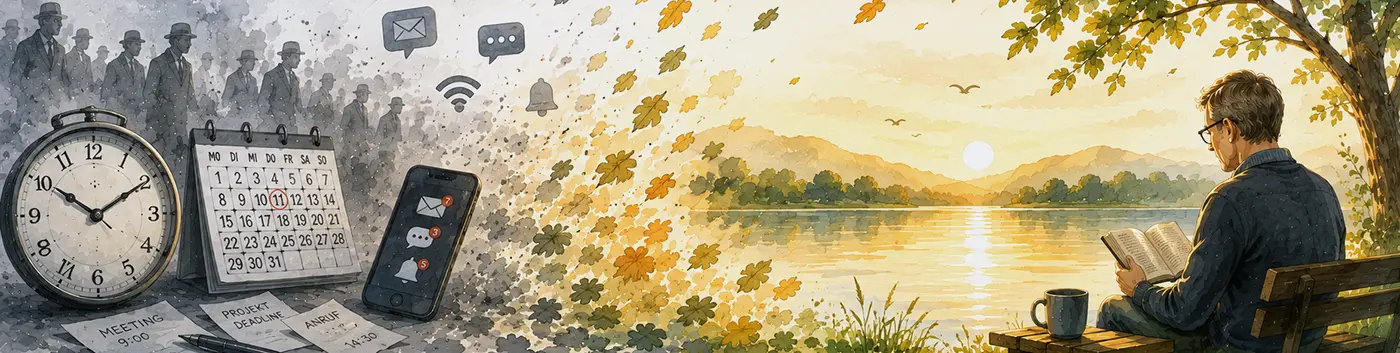 Illustration mit Uhr, Smartphone und Kalender: Übergang von Zeitdruck und Hektik zu bewusster Ruhe und Entschleunigung