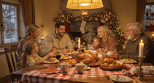 Familie beim entspannten Weihnachtsessen für ein friedliches Weihnachtsfest ohne Stress